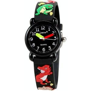 JNEW A335-86172 Kinderen Leuke Cartoon 3D Dinosaurus Waterdichte Siliconen Strap Quartz Horloge (Rubber Shell Black)