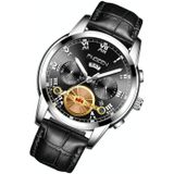 FNGEEN 4001 Heren Niet-Mechanisch Horloge Multi-functie Quartz Horloge  Kleur: Zwart lederen witte stalen zwart oppervlak