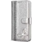 Voor iPhone 15 Glitter Poeder Vlinder Leren Telefoonhoesje (Zilver)