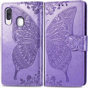 Butterfly Love bloemen relif horizontale Flip lederen case voor Galaxy A40  met houder & kaartsleuven & portemonnee & Lanyard (licht paars)