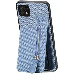 Voor Samsung Galaxy A22 5G Koolstofvezel Verticale Flip Rits Telefoon Case(Blauw)