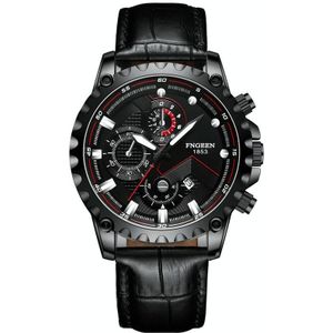 FNGEEN 5055 Heren Waterdicht Sport mode roestvrij stalen horloge (Zwart leder zwart stalen zwart oppervlak)