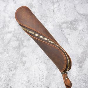 A-T09 S Zipper Crazy Horse Leather Vintage Leather Pen Bag (bruin geel)