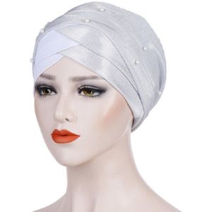 2 PCS Vrouwen Beaded Twee-kleur Tulband hoed heldere zijden doek kap (wit)