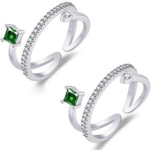 2 stks J356 Dames Emerald Zirkoon Double Micro Setting Open Ring (White Gold)
