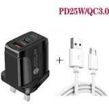 PD25W USB-C / TYPE-C + QC3.0 USB DUBLE PORTS Snelle oplader met USB naar Micro USB-gegevenskabel  Britse plug