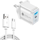 PD25W USB-C / TYPE-C + QC3.0 USB DUBLE PORTS Snelle oplader met USB naar Micro USB-gegevenskabel  Britse plug