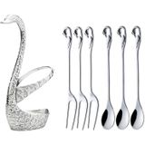 Swan fruit vork en lepel set dessert vork fruit vork rack tafelgerei bruiloft geschenk  kleur: zilveren streep met 3 lepels + 3 vorken