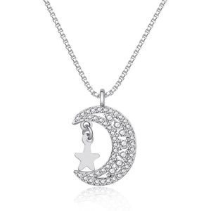 A206 Women Moon Star Micro Inlay Hanger Sleutelbeen Ketting (wit goud met ketting)