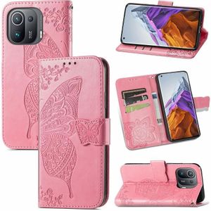 Voor Xiaomi MI 11 Pro Butterfly Love Flowers relif Horizontale Flip Leren Case met Houder & Card Slots & Wallet & Lanyard (Pink)