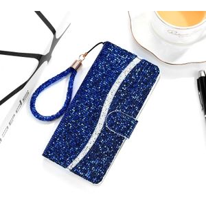 Voor Samsung Galaxy A21s Glitter Powder Horizontale Flip Lederen case met kaartslots & houder & lanyard(blauw)