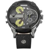 Cagarny 6820 Round Large Dial Leather Band Quartz Dual Movement Watch for Men (Black Shell Black Surface Black Band)