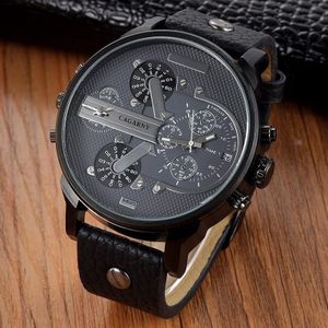 Cagarny 6820 Round Large Dial Leather Band Quartz Dual Movement Watch for Men (Black Shell Black Surface Black Band)