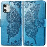 Voor iPhonePhone 12 6.1 Inch Butterfly Love Flower Embossed Horizontale Flip Lederen Case met beugel / kaartslot / Portemonnee / Lanyard(Blauw)