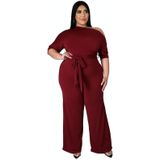 Effen kleur schuine schouderriem Jumpsuit Wide-poot Broek (kleur: Wijnrood Maat: XL)