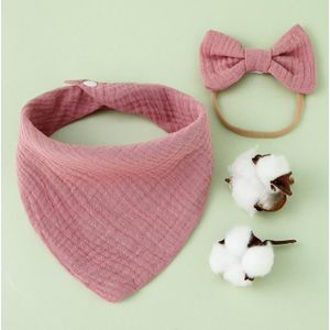 Baby katoenen gaas kwijlen handdoek + strik haarband set slabbetjes (rubber roze)