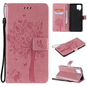 Voor Samsung Galaxy A12 Tree & Cat Pattern Pressed Printing Horizontal Flip PU Leather Case with Holder & Card Slots > Wallet > Lanyard (Pink)