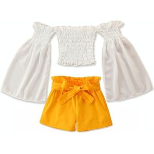 Girls Casual Long-sleeved Loose Short Top And Shorts Two-piece Suit (Color:White Size:110)