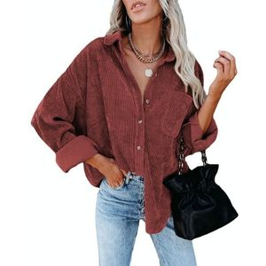 Effen kleur revers lange mouwen corduroy los casual shirt met zakken voor dames (kleur: wijn rood maat: XXL)