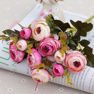 1 bundel retro thee rozen bruid boeket kunst bloemen (donker roze)