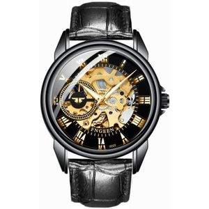 FNGEEN 0020 mannen en vrouwen automatische mechanische horloge dubbelzijdig holle business horloge (alle zwarte lederen gouden nagels)