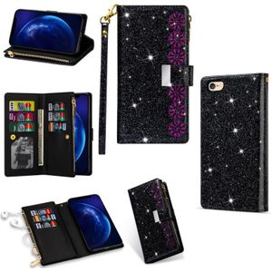 Voor iPhone 6 Plus / 6s Plus Multi-card Slots Starry Sky Laser Carving Glitter Zipper Horizontale Flip Lederen Case met Holder & Wallet & Lanyard(Zwart)