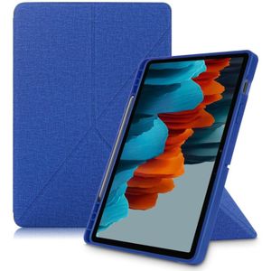 Voor Samsung Galaxy Tab S7 T870 doek textuur multi-folding horizontale flip PU lederen schokbestendig hoesje met houder  slaap / wekfunctie (blauw)