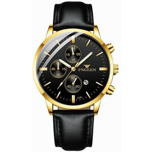 FNGEEN W5128 mannen drie ogen subdial lichtgevende quartz horloge student eenvoudig horloge (zwart lederen gouden shell zwart oppervlak)