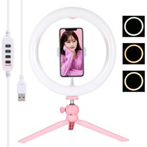 PULUZ 10 2 inch 26 cm licht + desktop statief mount USB 3 modi dimbare dubbele kleur temperatuur LED gebogen diffuse lichtring vloggen Selfie fotografie videolichten met telefoonklem (roze)
