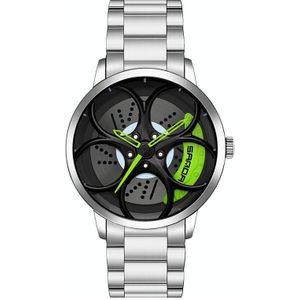 Sanda 1070 3D Ovaal Hol Wiel Niet-draaibaar Dial Quartz Horloge voor Mannen  Stijl: Stalen riem (Silver Green)