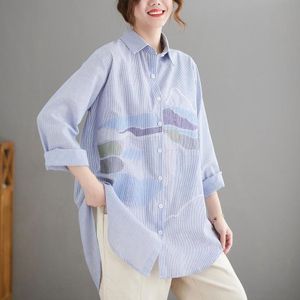 Gestreepte losse midden-lengte shirt (kleur: blauw maat: m)