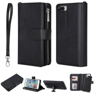 Voor iPhone 7 Plus / 8 Plus 2 in 1 Solid Color Zipper Shockproof Protective Case met Card Slots & Bracket & Photo Holder & Wallet Function(Black)