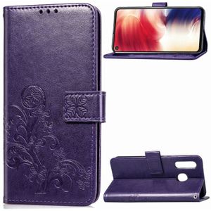 Lucky Clover ingedrukt bloemen patroon lederen case voor Galaxy A8s  met houder & kaartsleuven & portemonnee & hand strap (paars)