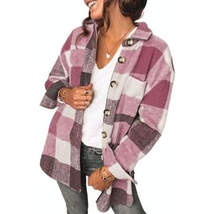 Revers lange mouwen flanel check shirt losse casual vest jack voor dames (kleur: paars rood maat: M)