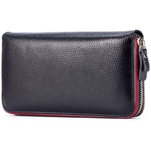 Dames Top-grain lederen portemonnee lange portemonnee tas rits clutch bag (zwart)