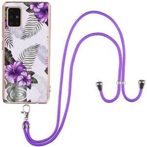 Voor Samsung Galaxy A51 5G Electroplating Pattern IMD TPU Shockproof Case met Neck Lanyard (Purple Flower)