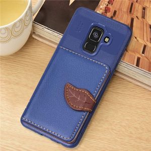 Blad stijl magnetische lederen draagtas voor Galaxy A8 PLUS (2018)  met houder & kaartsleuven & portemonnee & fotolijstjes (donkerblauw)