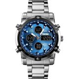 SKMEI 1389 multifunctionele mannen Business digitaal horloge 30m waterdichte grote wijzerplaat polshorloge met roestvrijstaal horlogebandje (blauw)