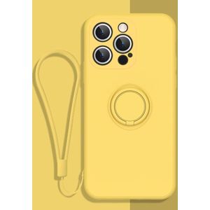 All-inclusive Liquid Silicone Phone Protective Case with Ring Holder & Lanyard For iPhone 13 Pro(Lemon Yellow)