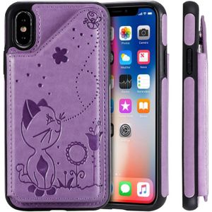 Voor iPhone X kat Bee relif patroon schokbestendige beschermende case met kaartsleuven & fotolijstjes (paars)