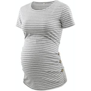 Moederschap korte mouwen T-shirt Zijknoppen geplooid bovenkant (kleur: lichtgrijze strepen Maat: L)