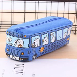 Cartoon Bus Student Briefpapier Etui Grote Capaciteit Canvas Briefpapier Doos (Blauw)