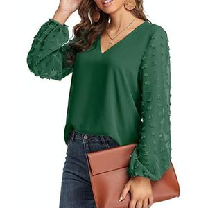 V-hals chiffon wollen bal decoratieve lange mouw blouse (kleur: groen maat: XL)