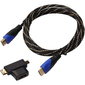 1 8 m HDMI 1.4 versie 1080 P geweven Net lijn blauw zwarte kop HDMI Male naar HDMI Male Audio Video connectorkabel met Mini HDMI & Micro HDMI & HDMI 3 in 1 Adapter Set
