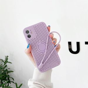 Warmte Dissipatie Koelgaten Vloeibare Siliconen Straight Edge Shockproof Case met ringhouder & riem voor iPhone 11 (Paars)