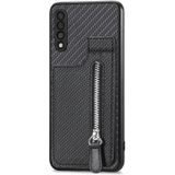 Voor Samsung Galaxy A50 Koolstofvezel Verticale Flip Rits Portemonnee Telefoonhoesje