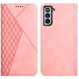 For Samsung Galaxy S21 FE Diamond Pattern Splicing Skin Feel Magnetic Horizontal Flip Leather Case with Card Slots & Holder & Wallet(Rose Gold)