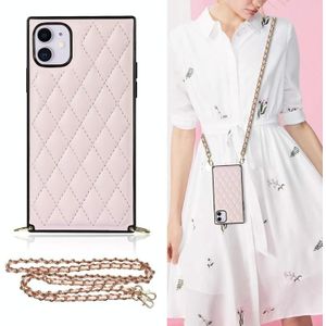 Elegant Rhombic Pattern Microfiber Leather + TPU Shockproof Case met Crossbody Strap Chain voor iPhone 11 (Pink)