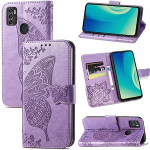 Voor ZTE MESS A7S 2020 Butterfly Love Flowers Relif Horizontale Flip Leren Case met Houder & Card Slots & Portemonnee & Lanyard (Light Purple)