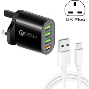 QC-04 QC3.0 + 3 x USB2.0 Multi-poorten oplader met 3A USB naar Type-C-gegevenskabel  UK-stekker